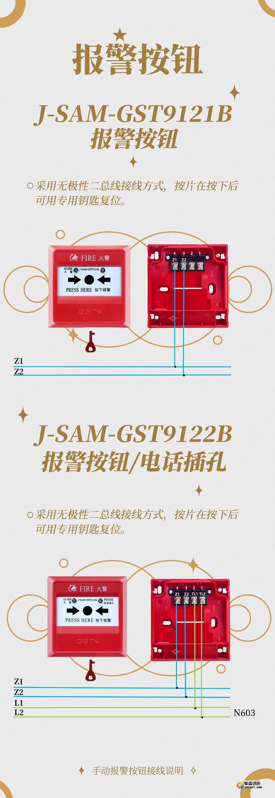 海湾火灾自动报警系统技术指导——GST9121B手动报警按钮接线说明